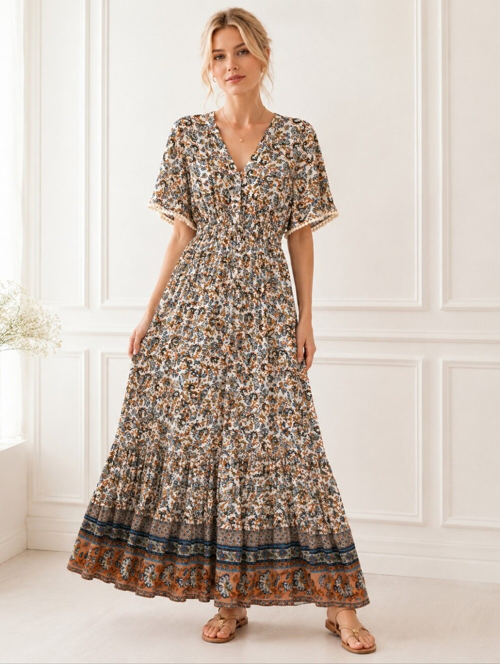 R.Vivimos Boho Paisley Floral Maxi Dress Pom Pom Trim Size M